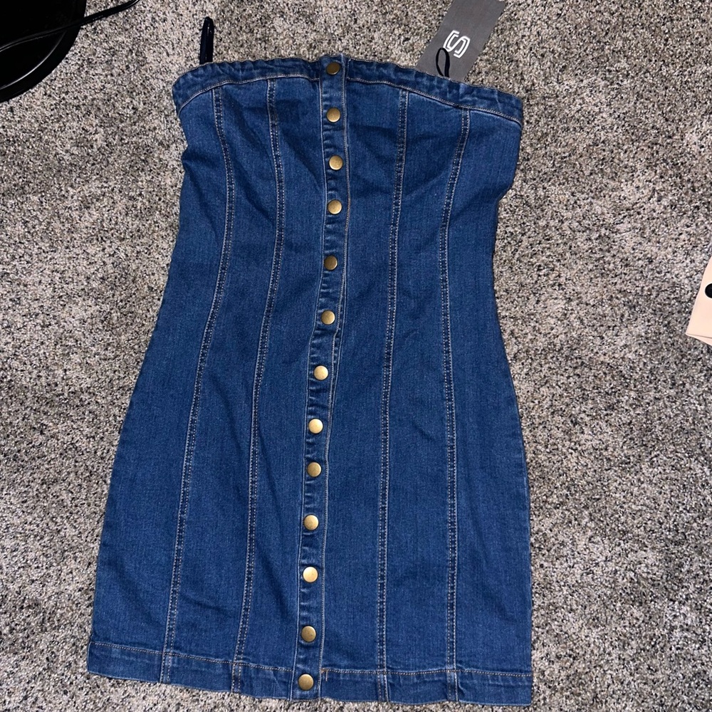 Denim Mini Button Up Strapless Dress - Picture 2 of 6